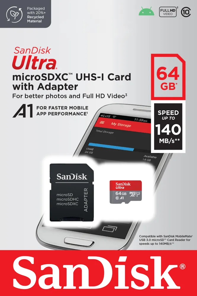KARTA SANDISK ULTRA ANDROID microSDXC 64 GB 140MB/s A1 Cl.10 UHS-I + ADAPTER
