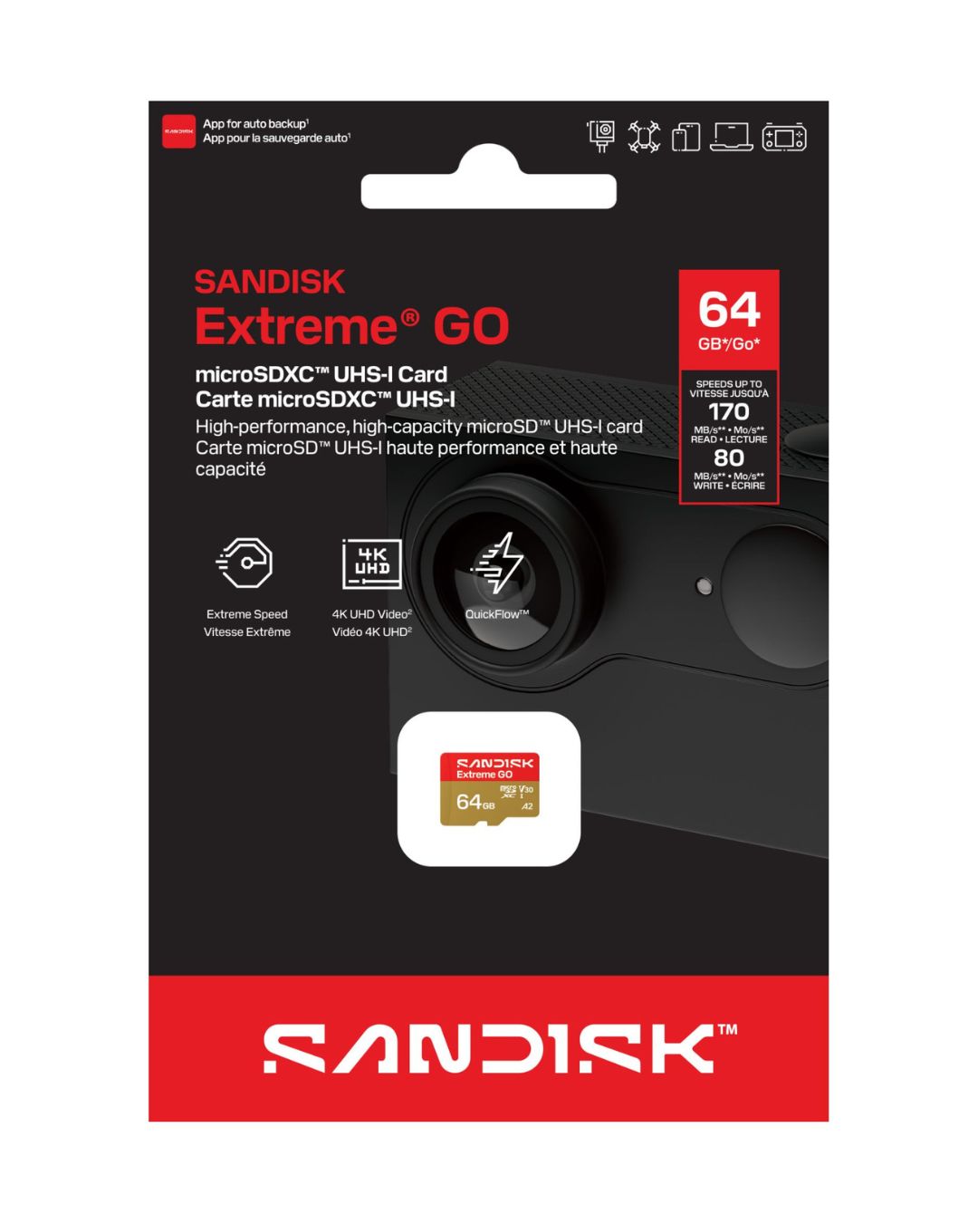 SanDisk Extreme GO microSDXC UHS-I 64GB, 170/80MB/s, A2, V30 – karta pamięci 4K