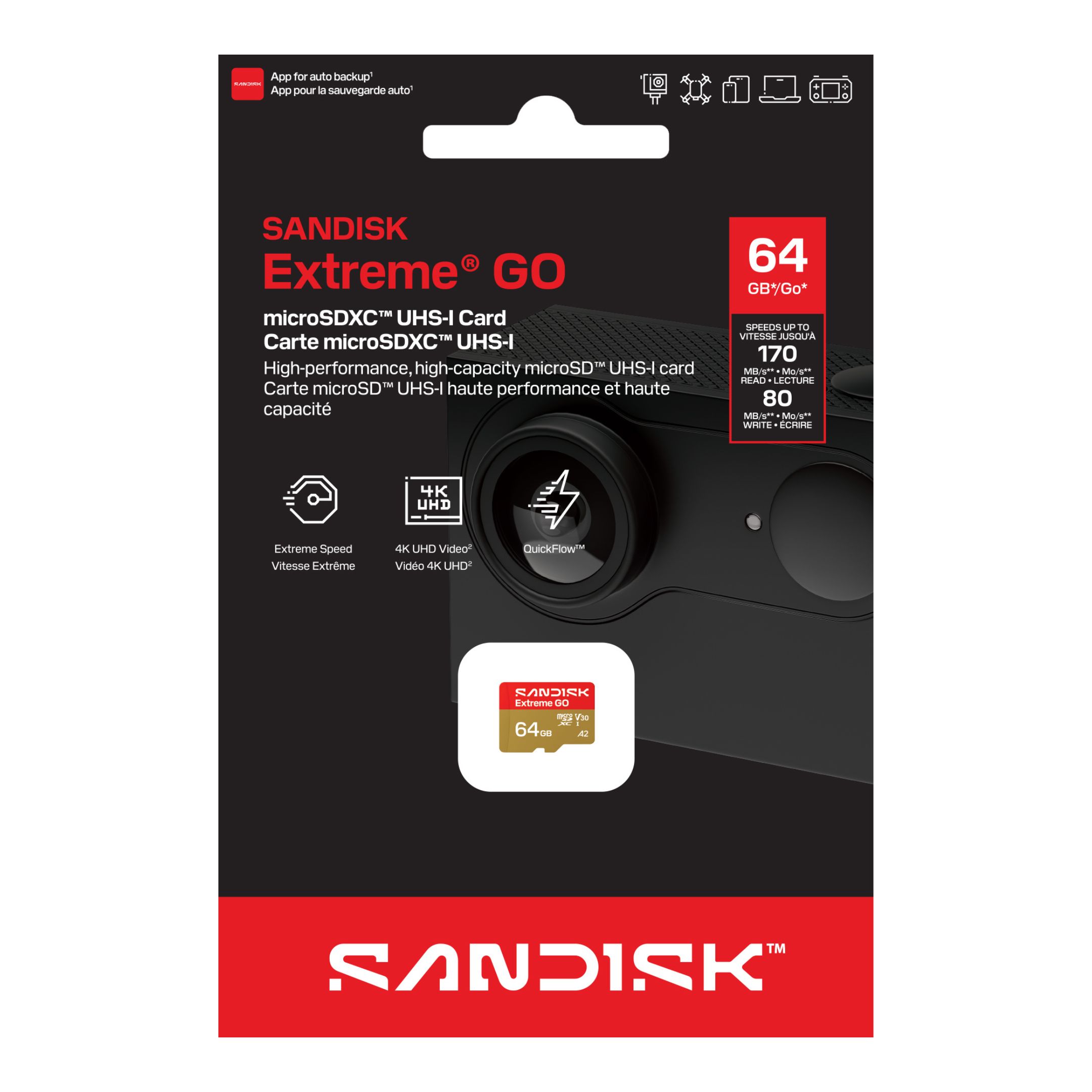 SanDisk Extreme GO microSDXC UHS-I 64GB, 170/80MB/s, A2, V30 – karta pamięci 4K