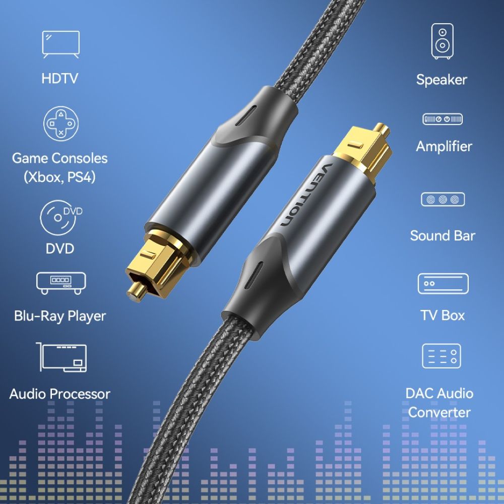 Kabel audio optyczny Vention w oplocie z aluminiowym złączem 10m Czarny