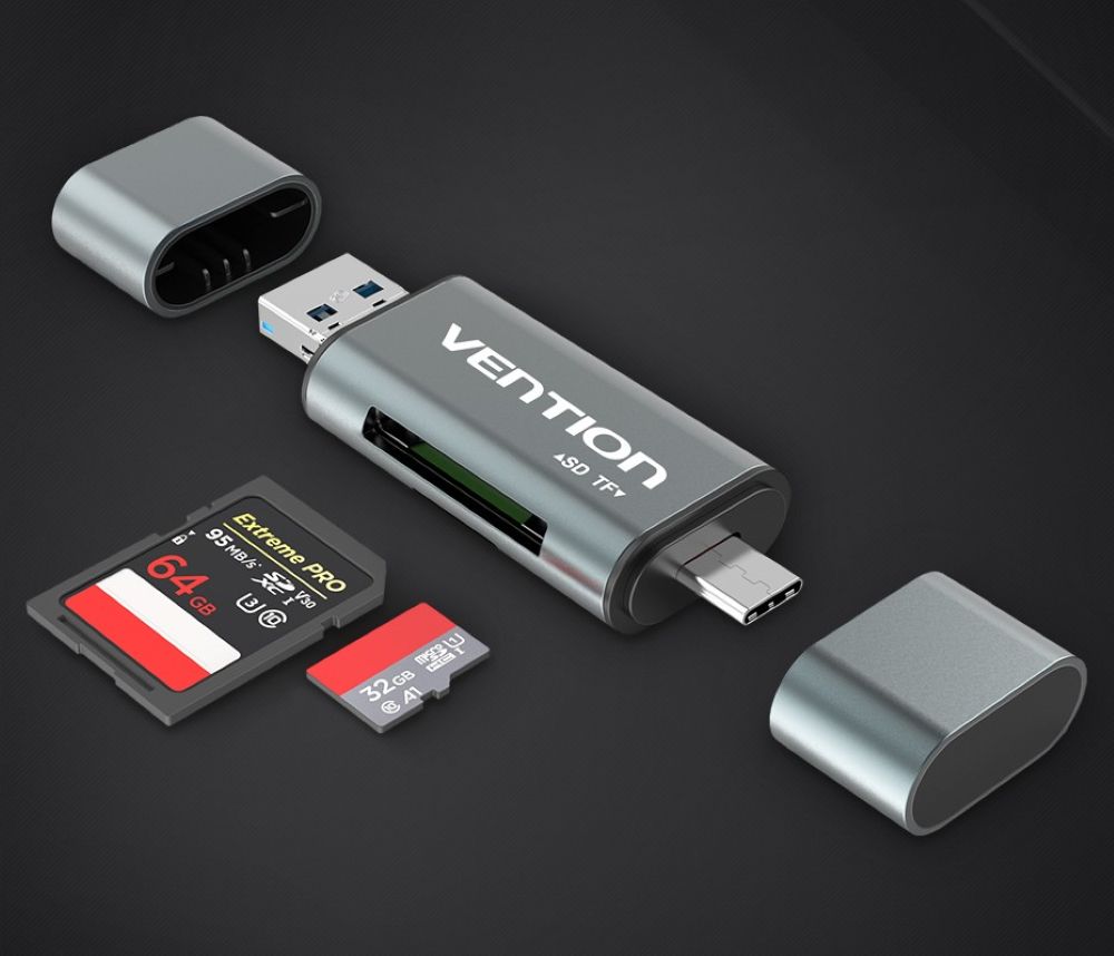 Czytnik kart SD / microSD Vention ze złączami USB 3.0 USB-C microSD szary