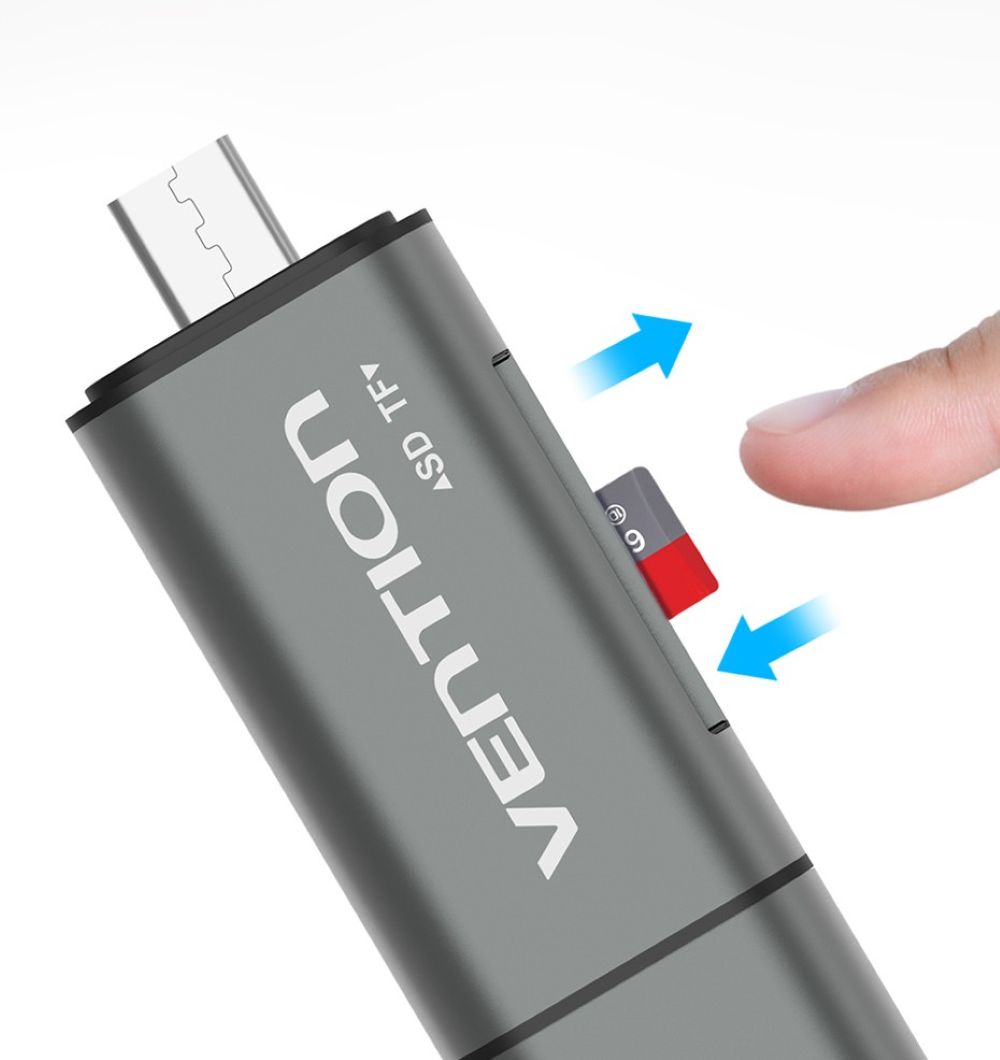 Czytnik kart SD / microSD Vention ze złączami USB 3.0 USB-C microSD szary