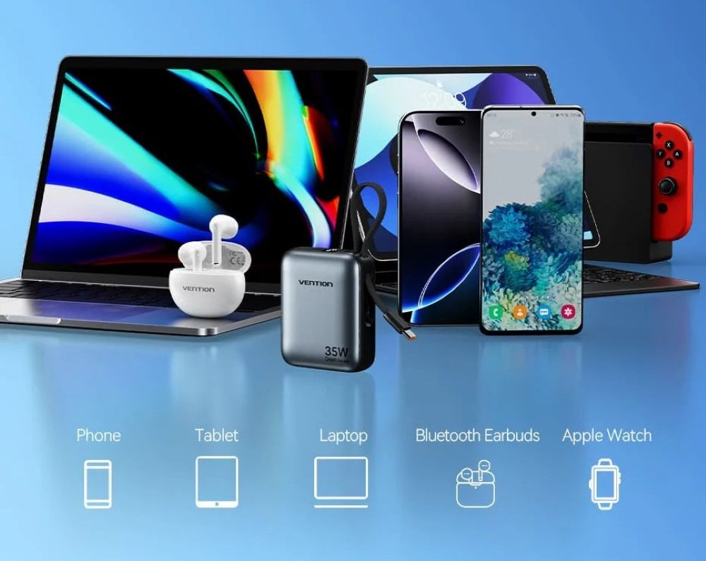 Powerbank Vention 10000mAh 35W PD z wbudowanym kablem USB-C beżowy