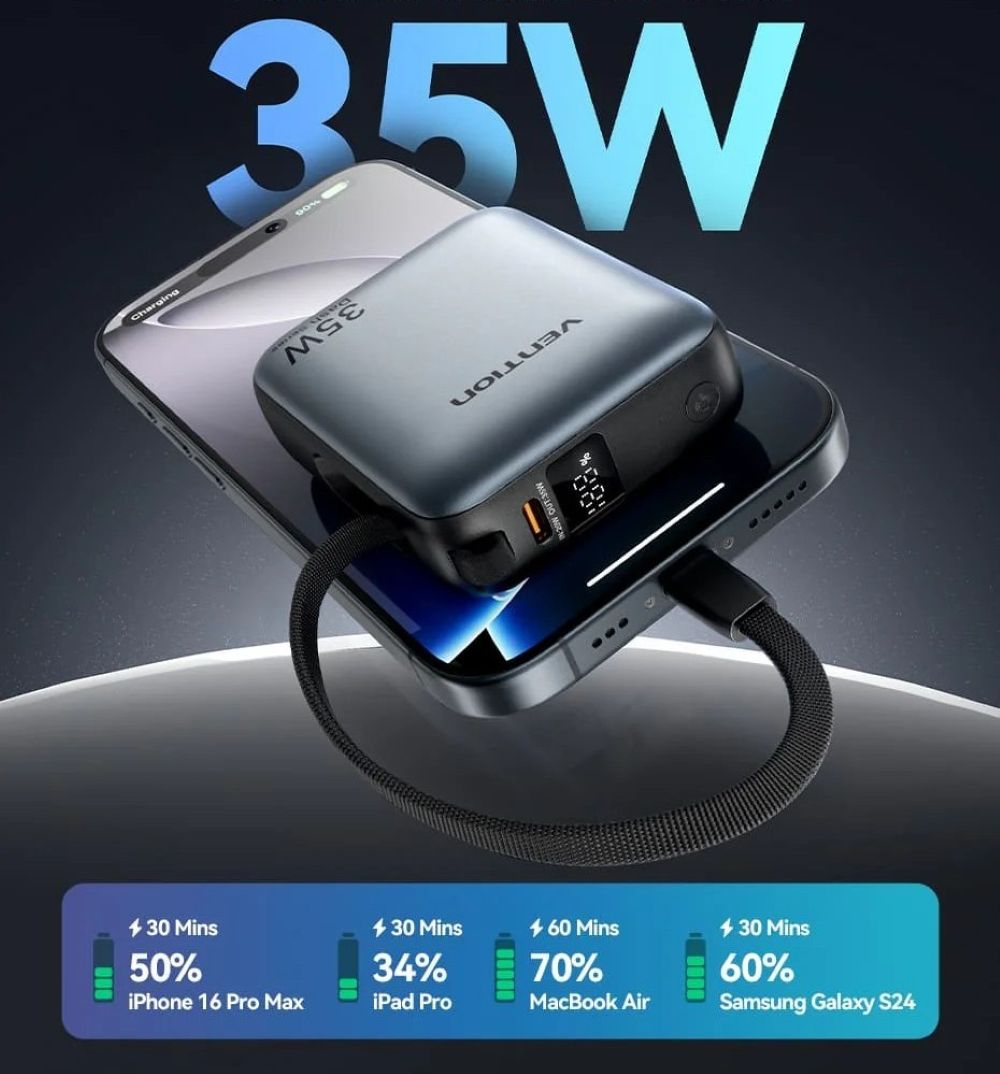 Powerbank Vention 10000mAh 35W PD z wbudowanym kablem USB-C beżowy