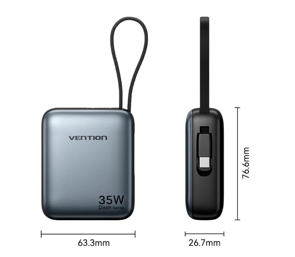 Powerbank Vention 10000mAh 35W PD z wbudowanym kablem USB-C beżowy