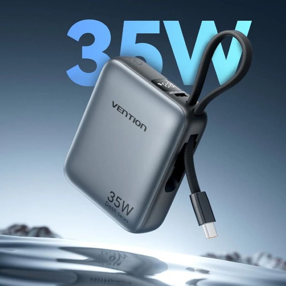 Powerbank Vention 10000mAh 35W PD z wbudowanym kablem USB-C beżowy