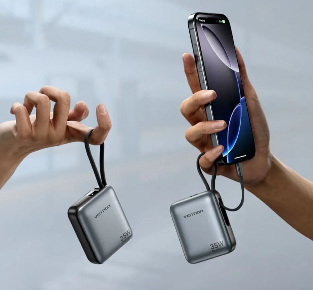Powerbank Vention 10000mAh 35W PD z wbudowanym kablem USB-C beżowy