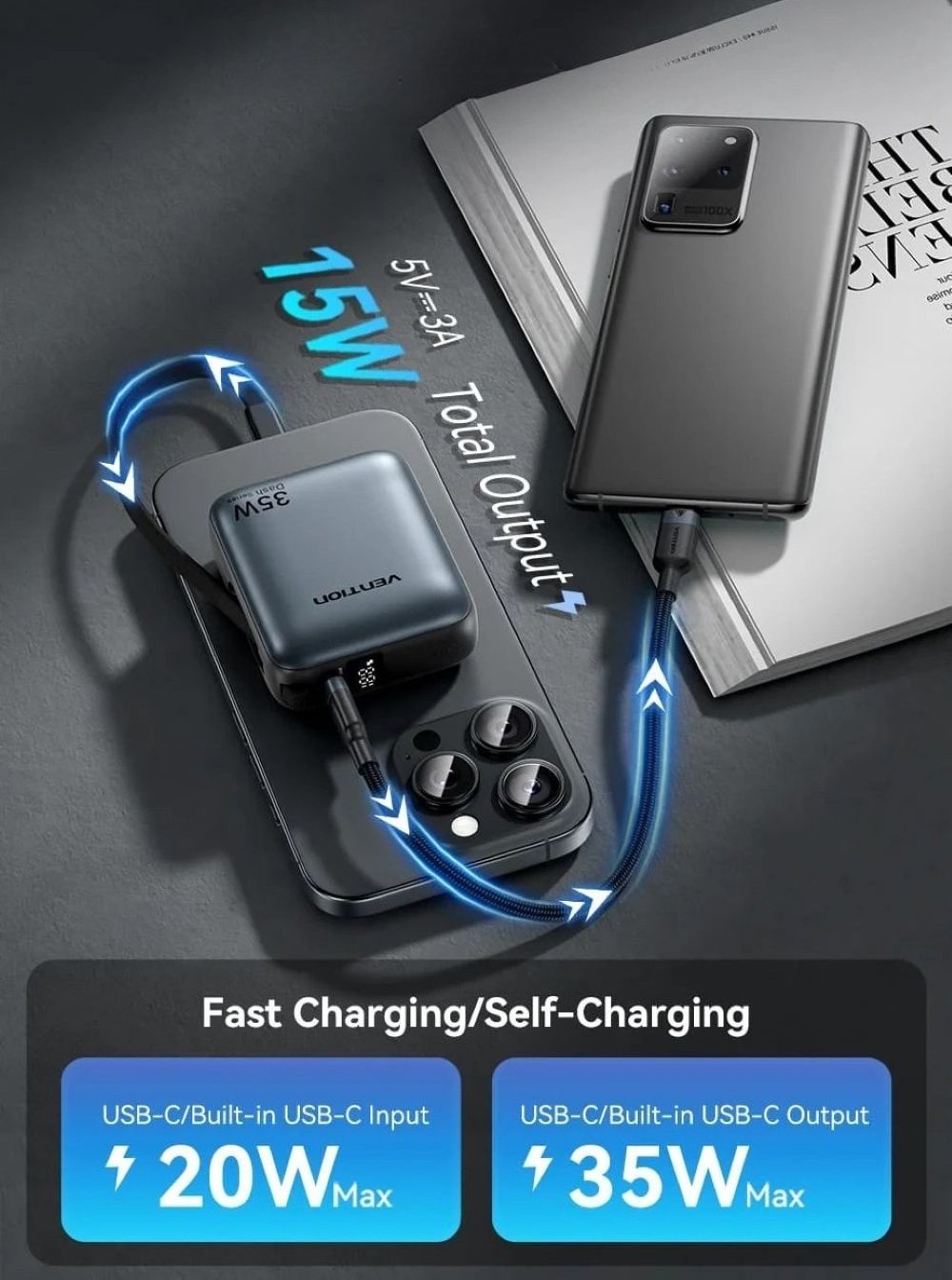 Powerbank Vention 10000mAh 35W PD z wbudowanym kablem USB-C beżowy
