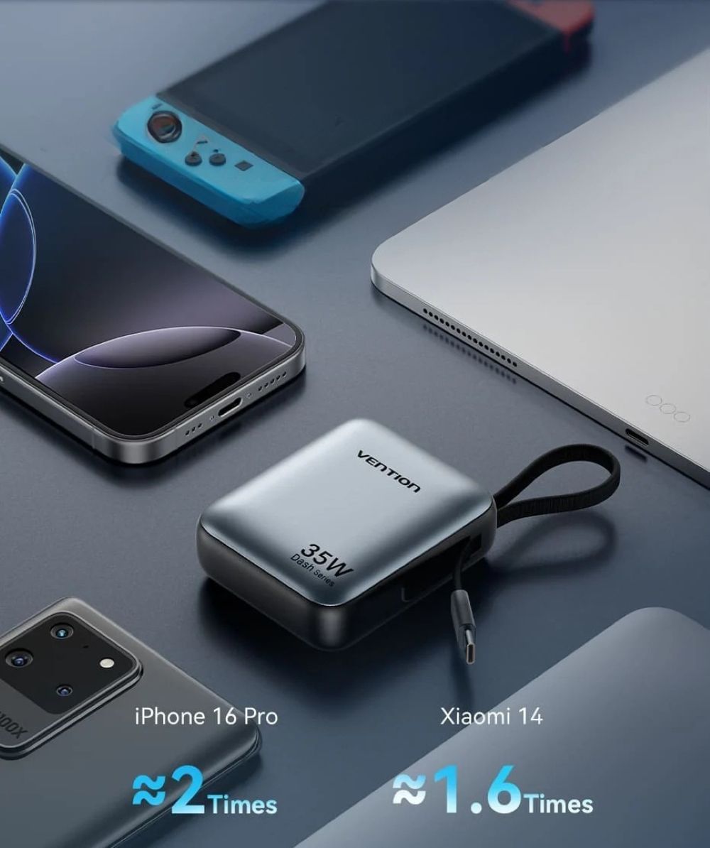 Powerbank Vention 10000mAh 35W PD z wbudowanym kablem USB-C beżowy