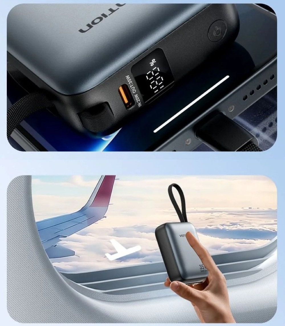 Powerbank Vention 10000mAh 35W PD z wbudowanym kablem USB-C beżowy