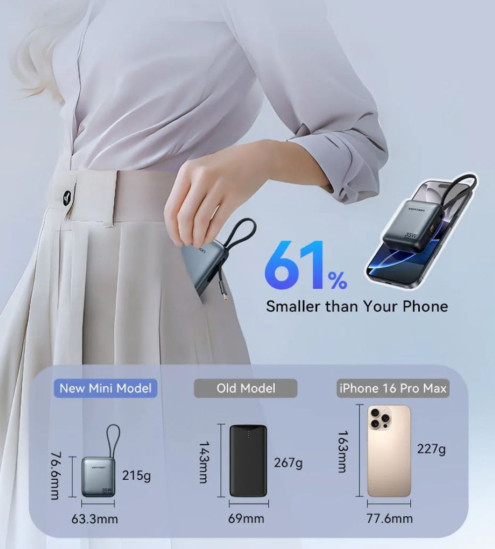 Powerbank Vention 10000mAh 35W PD z wbudowanym kablem USB-C beżowy