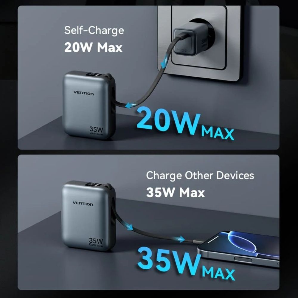 Powerbank Vention 10000mAh 35W PD z wbudowanym kablem USB-C beżowy