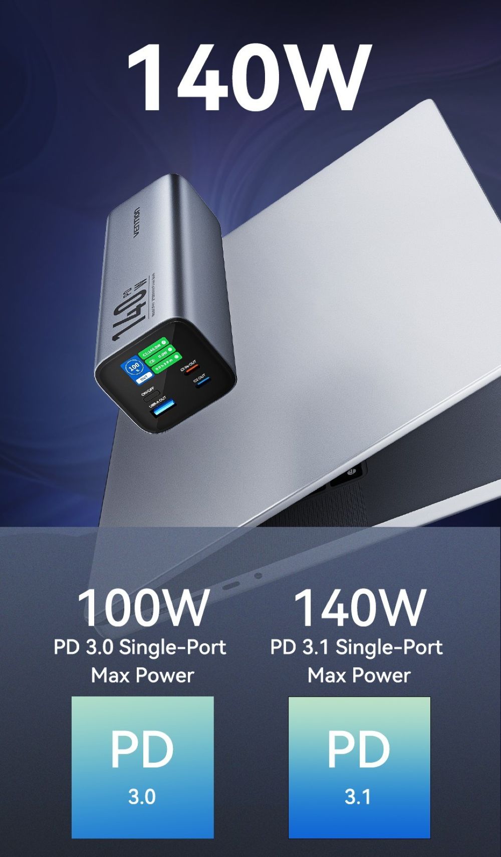 Powerbank Vention 27000mAh 140W PD 3.1 + kabel USB-C 240W