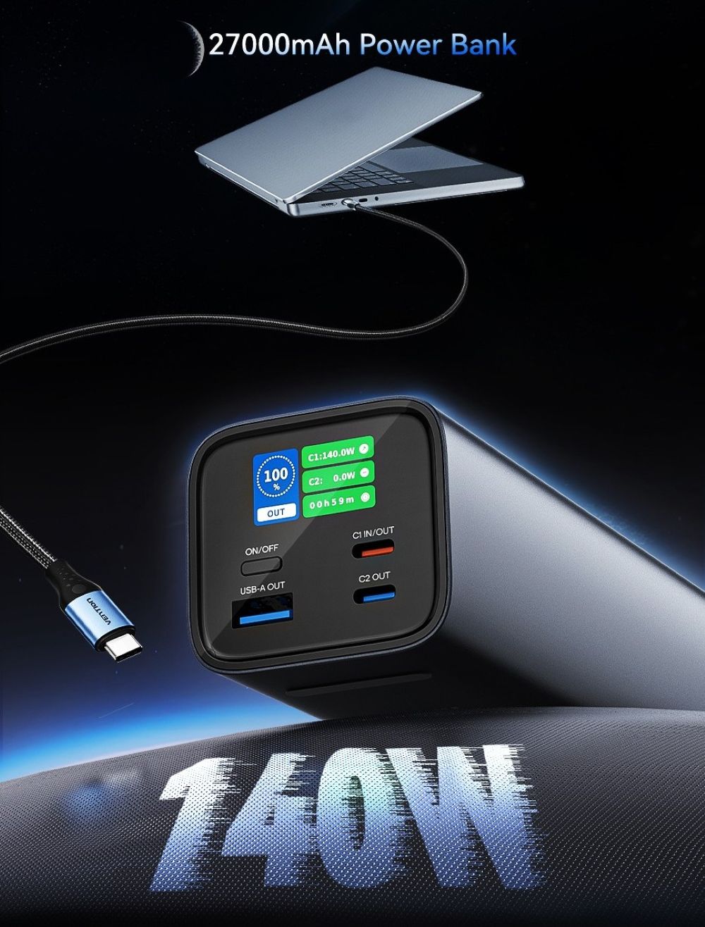 Powerbank Vention 27000mAh 140W PD 3.1 + kabel USB-C 240W