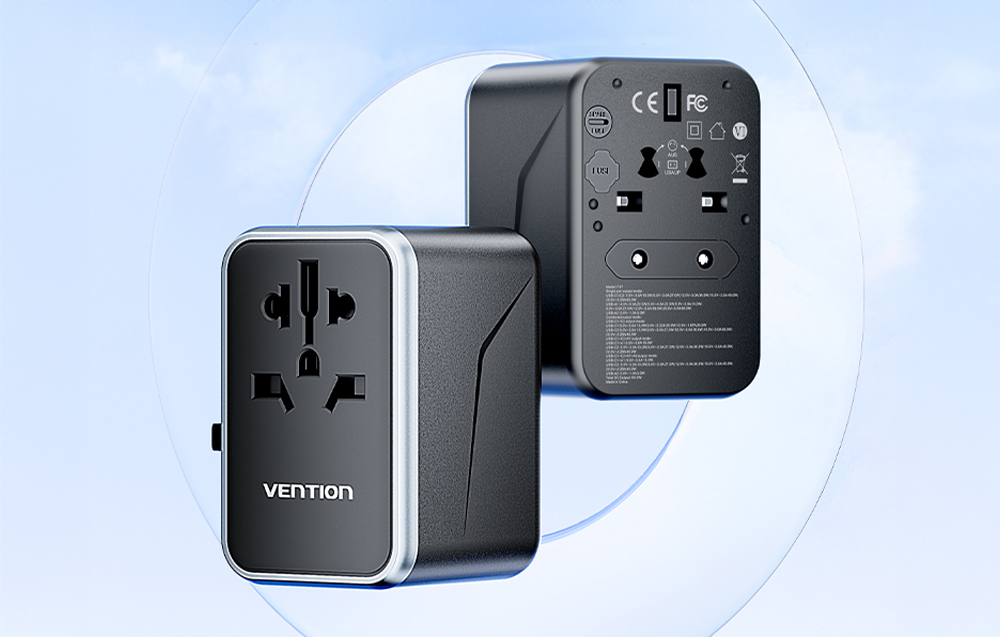 Uniwersalny adapter podróżny z ładowarką Vention 65W GaN 2x USB-A 2x USB-C czarny