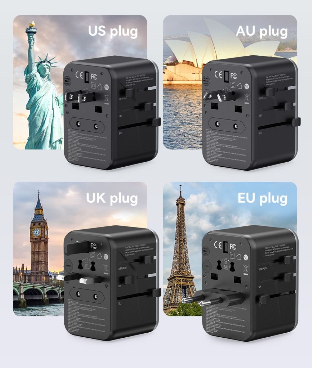 Uniwersalny adapter podróżny z ładowarką Vention 65W GaN 2x USB-A 2x USB-C czarny