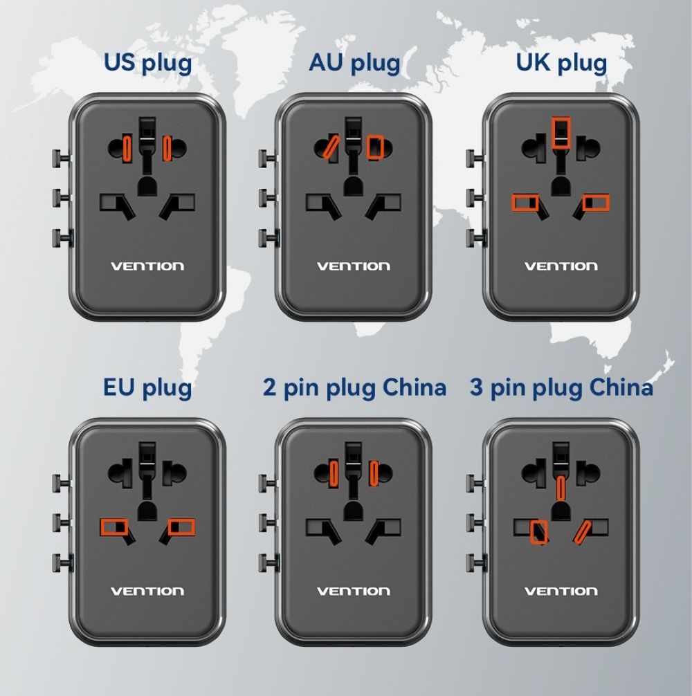 Uniwersalny adapter podróżny z ładowarką Vention 65W GaN 2x USB-A 2x USB-C czarny