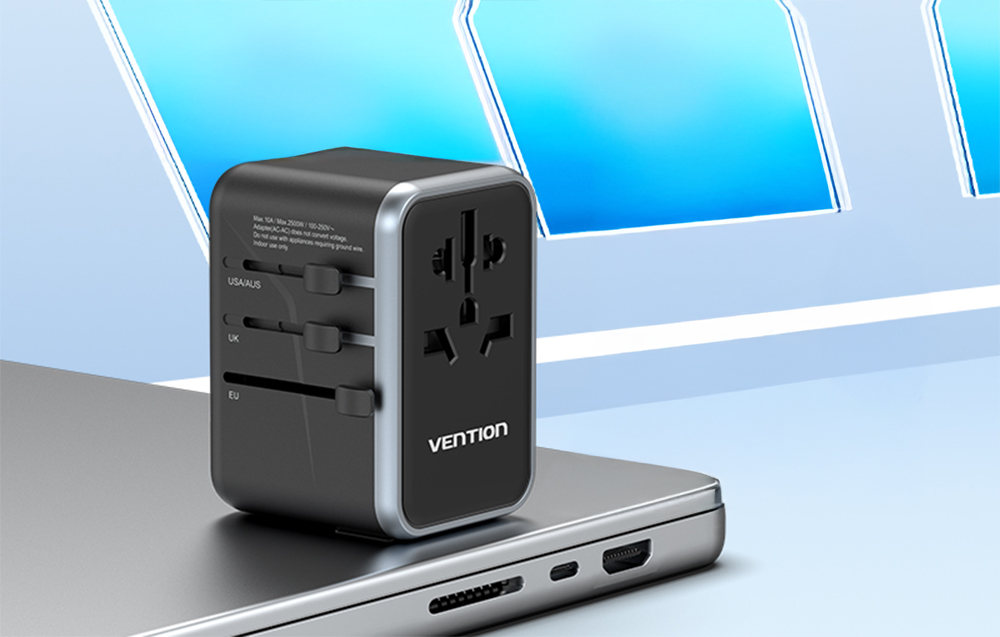 Uniwersalny adapter podróżny z ładowarką Vention 65W GaN 2x USB-A 2x USB-C czarny