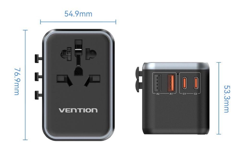 Uniwersalny adapter podróżny z ładowarką Vention 65W GaN 2x USB-A 2x USB-C czarny
