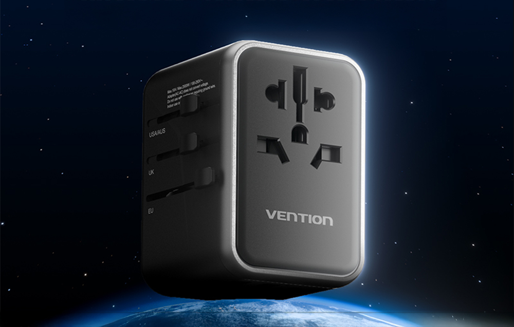 Uniwersalny adapter podróżny z ładowarką Vention 65W GaN 2x USB-A 2x USB-C czarny