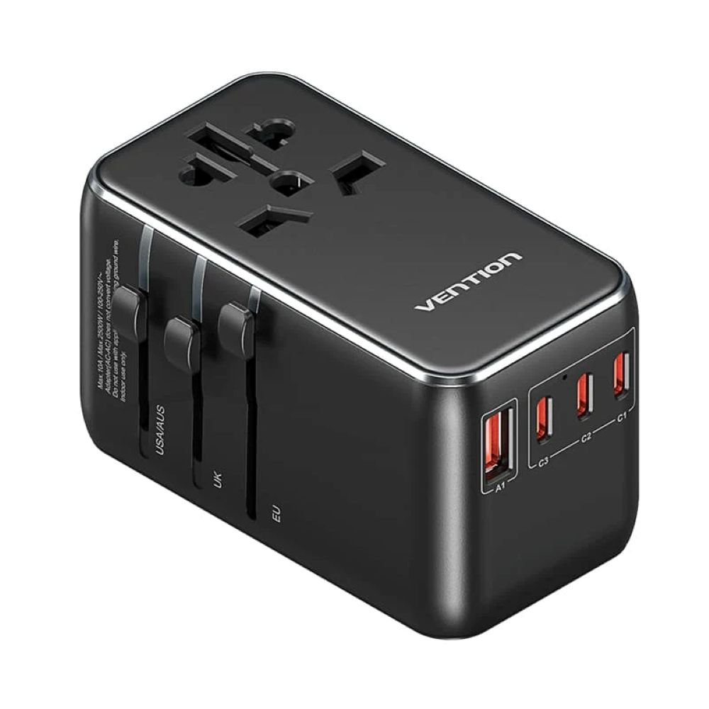 Uniwersalny adapter podróżny z ładowarką Vention 100W GaN 1x USB-A 3x USB-C czarny