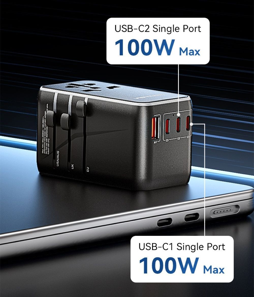 Uniwersalny adapter podróżny z ładowarką Vention 100W GaN 1x USB-A 3x USB-C czarny
