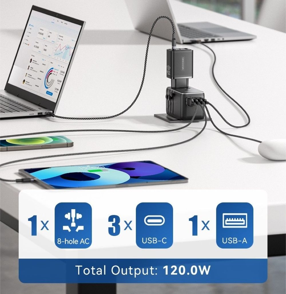 Uniwersalny adapter podróżny z ładowarką Vention 100W GaN 1x USB-A 3x USB-C czarny