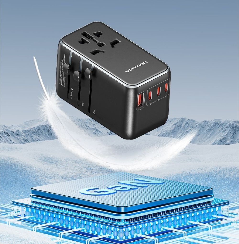 Uniwersalny adapter podróżny z ładowarką Vention 100W GaN 1x USB-A 3x USB-C czarny