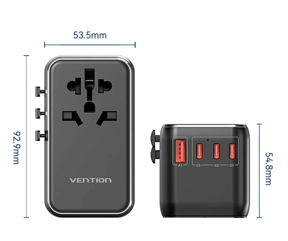 Uniwersalny adapter podróżny z ładowarką Vention 100W GaN 1x USB-A 3x USB-C czarny