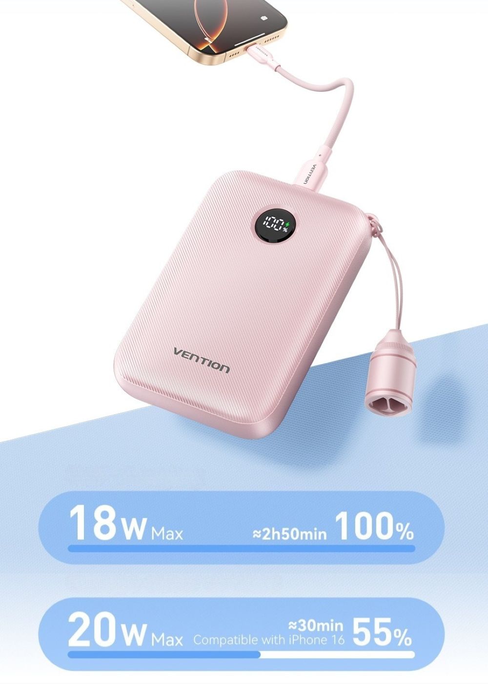 Powerbank Vention 10000mAh 2 x USB-C 1x USB-A z wyświetlaczem 22,5W niebieski