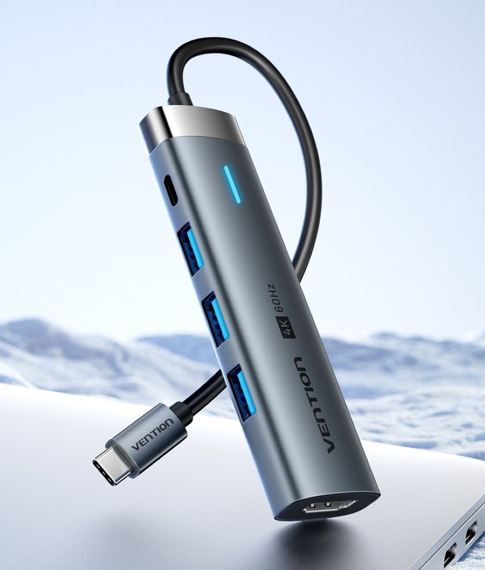Stacja dokująca 5w1 Vention USB-C 100W PD 5Gbps 4K@60Hz srebrna