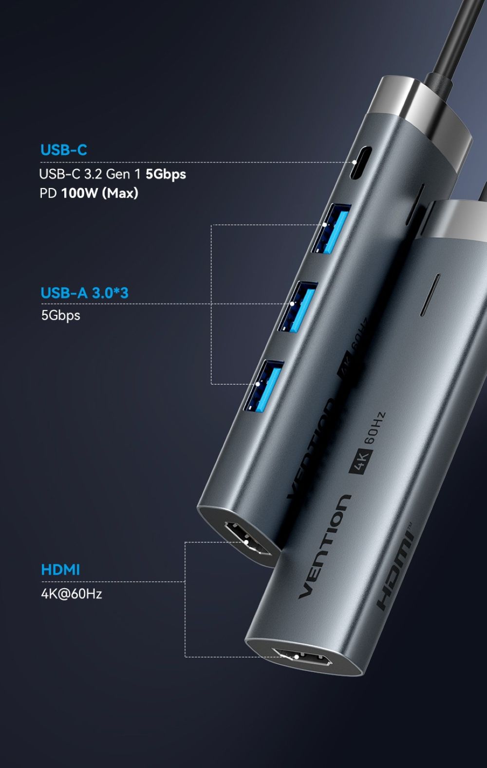 Stacja dokująca 5w1 Vention USB-C 100W PD 5Gbps 4K@60Hz srebrna