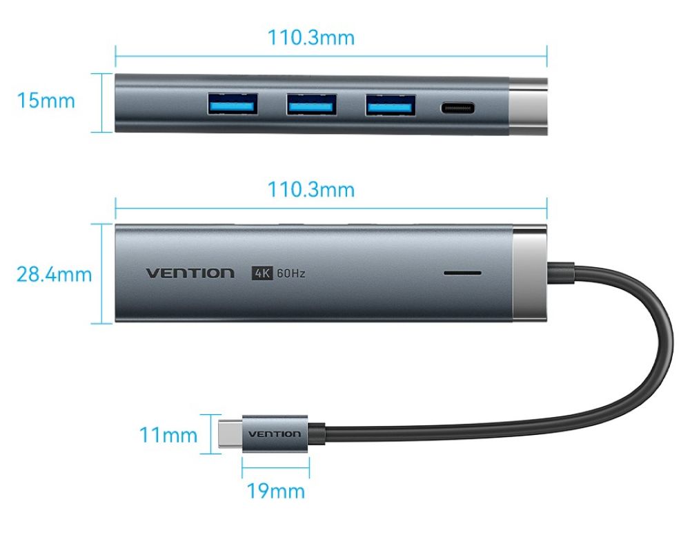 Stacja dokująca 5w1 Vention USB-C 100W PD 5Gbps 4K@60Hz srebrna