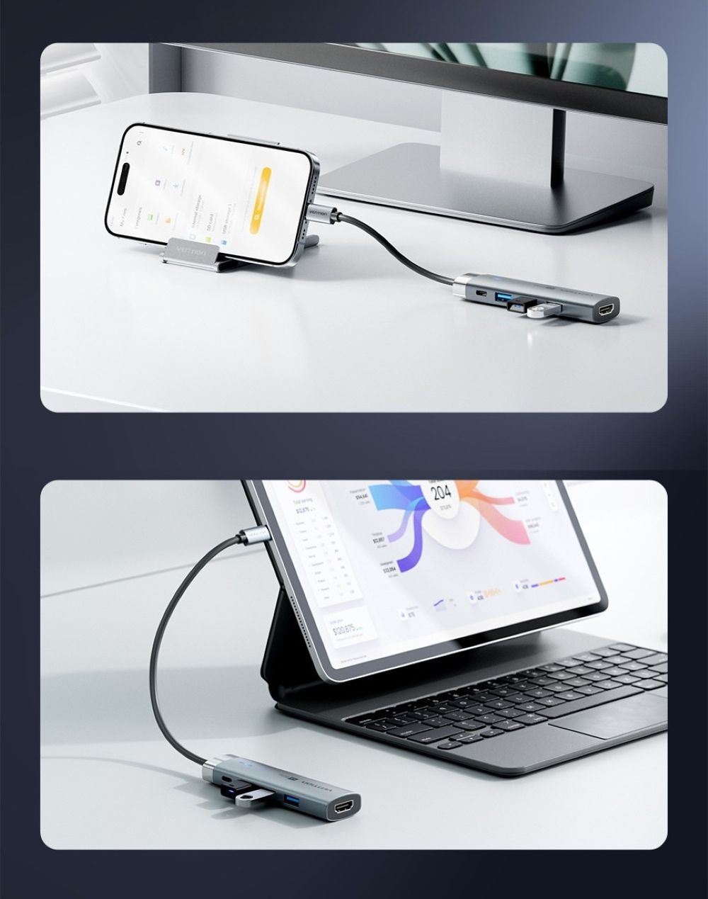 Stacja dokująca 5w1 Vention USB-C 100W PD 5Gbps 4K@60Hz srebrna