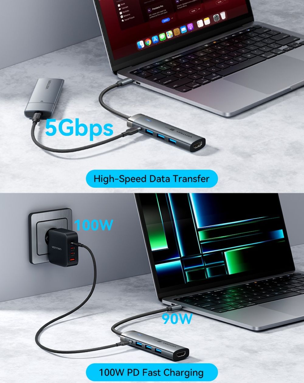 Stacja dokująca 5w1 Vention USB-C 100W PD 5Gbps 4K@60Hz srebrna