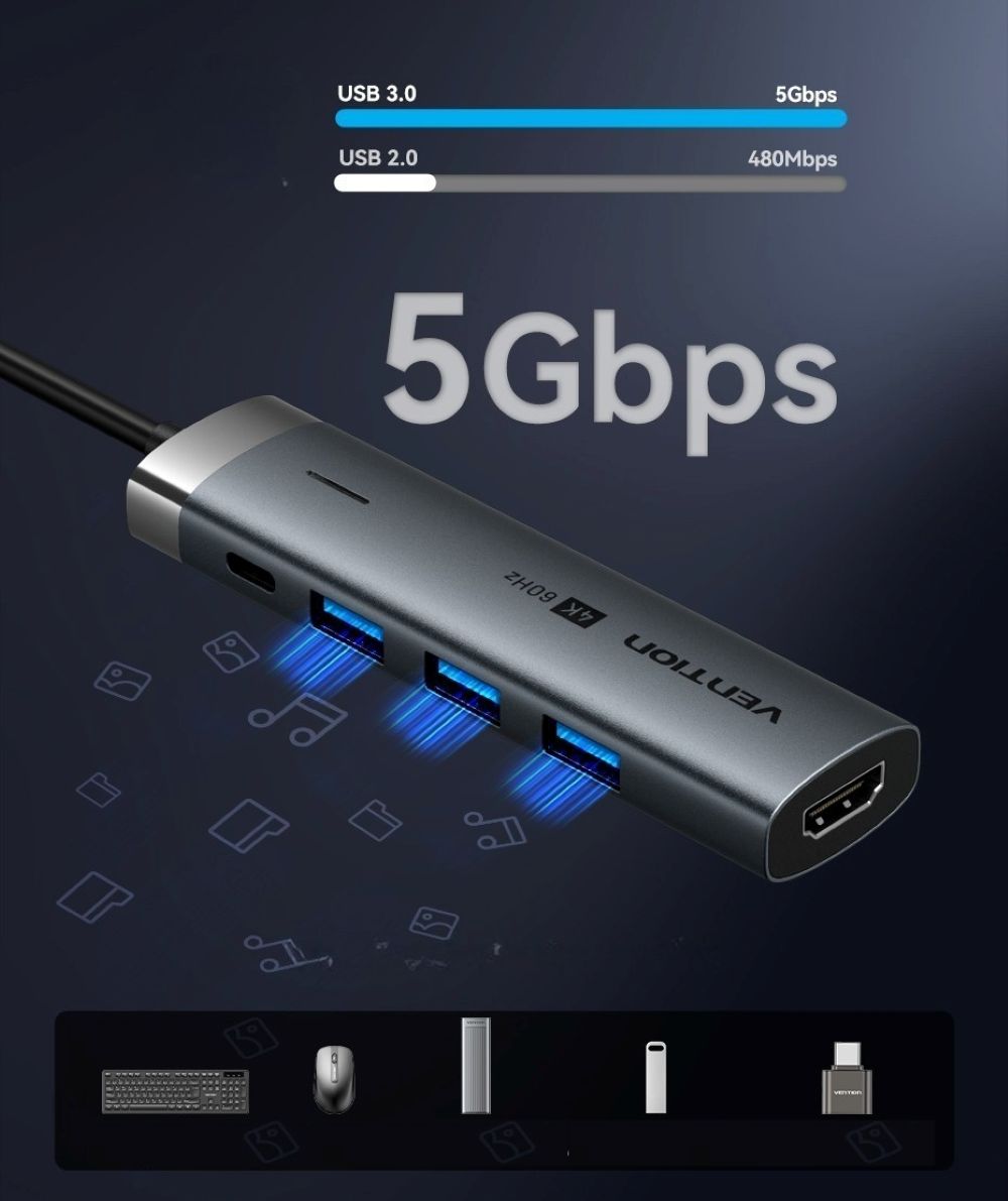 Stacja dokująca 5w1 Vention USB-C 100W PD 5Gbps 4K@60Hz srebrna