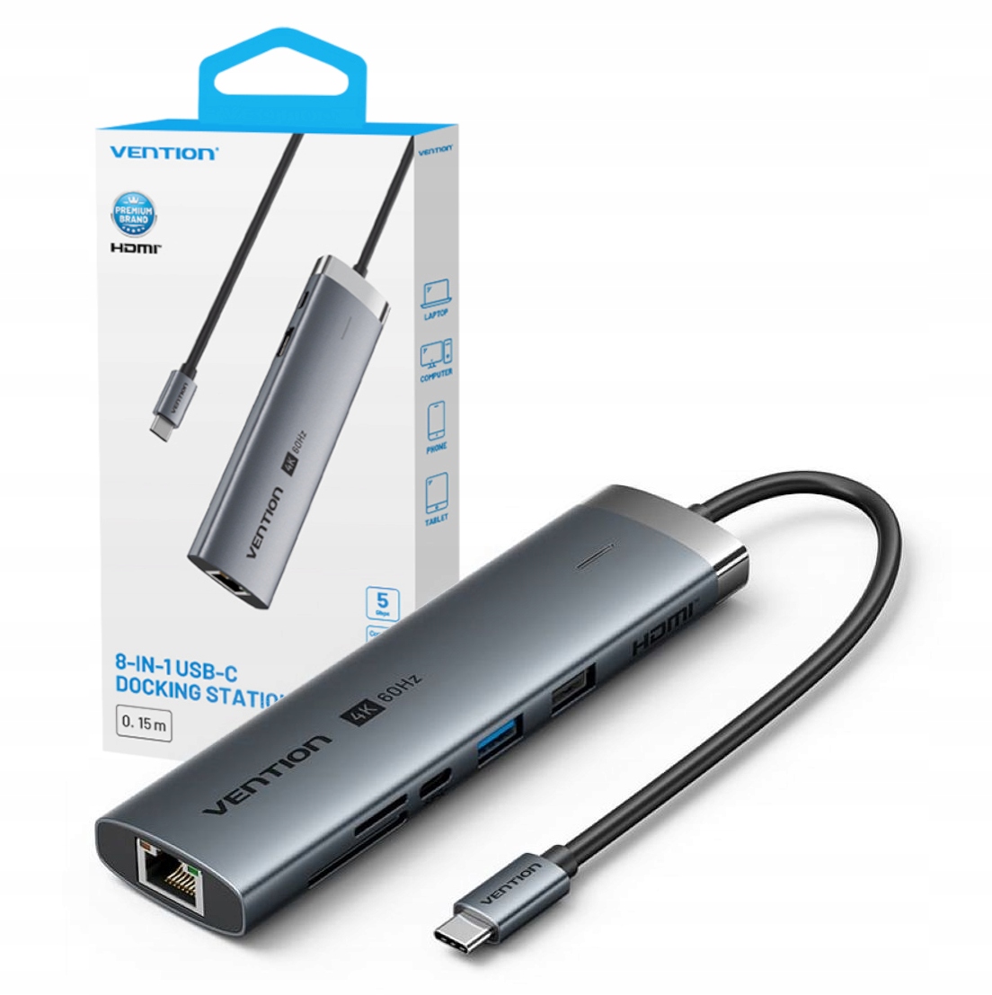Stacja dokująca USB-C 9w1 Vention 4k 60HZ 100W PD 0.15m