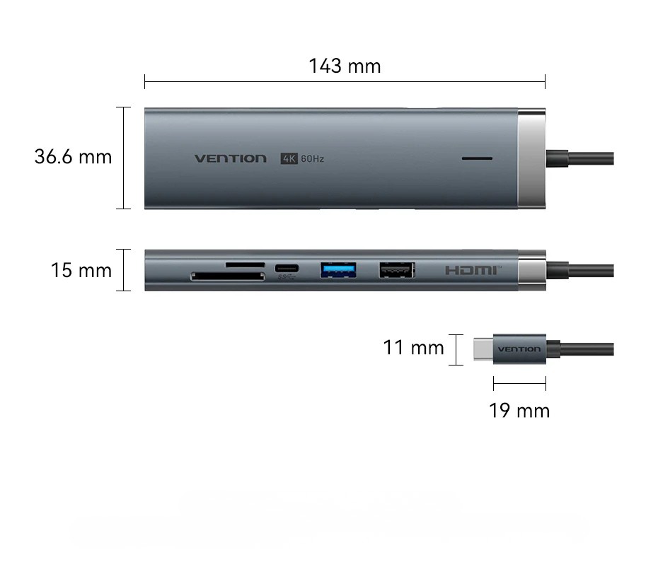 Stacja dokująca USB-C 9w1 Vention 4k 60HZ 100W PD 0.15m