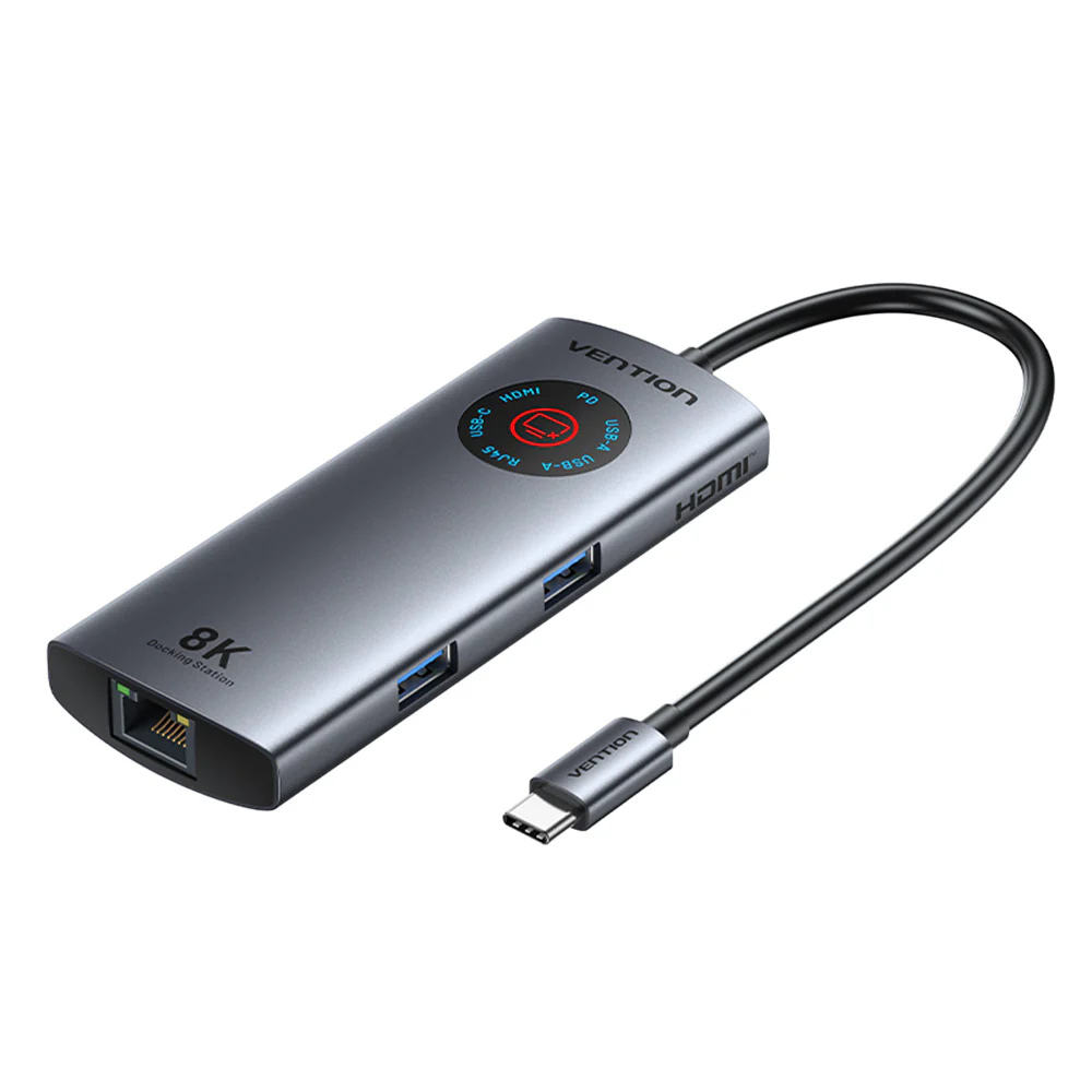 Stacja dokująca USB-C 6W1 Vention, 8K, 30Hz, 100W, PD, z wyświetlaczem led
