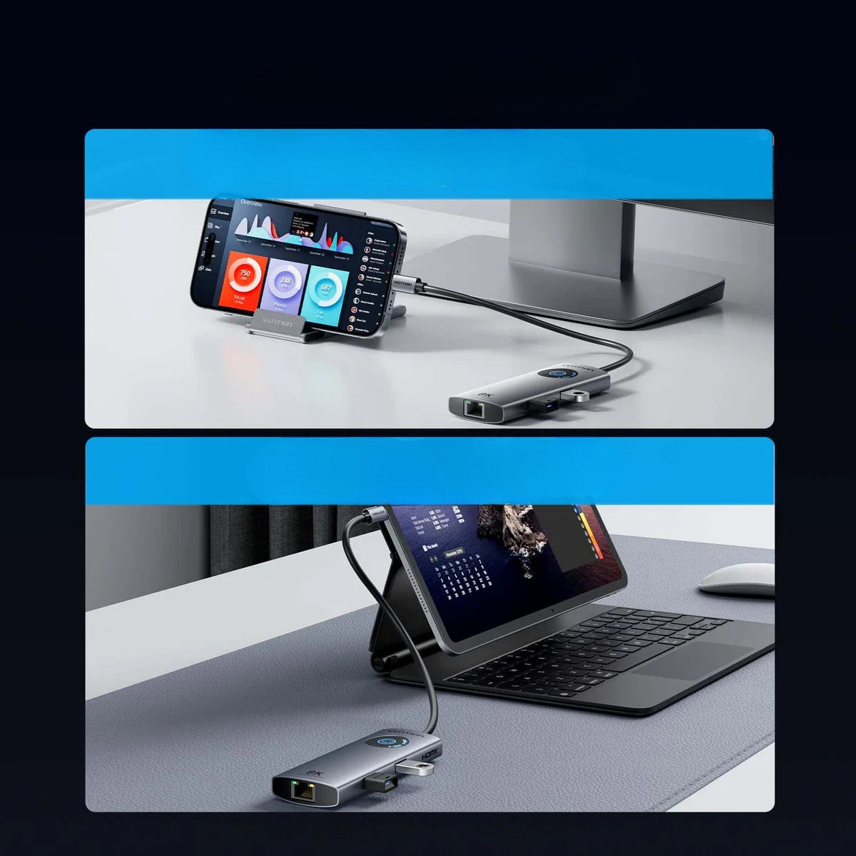 Stacja dokująca USB-C 6W1 Vention, 8K, 30Hz, 100W, PD, z wyświetlaczem led