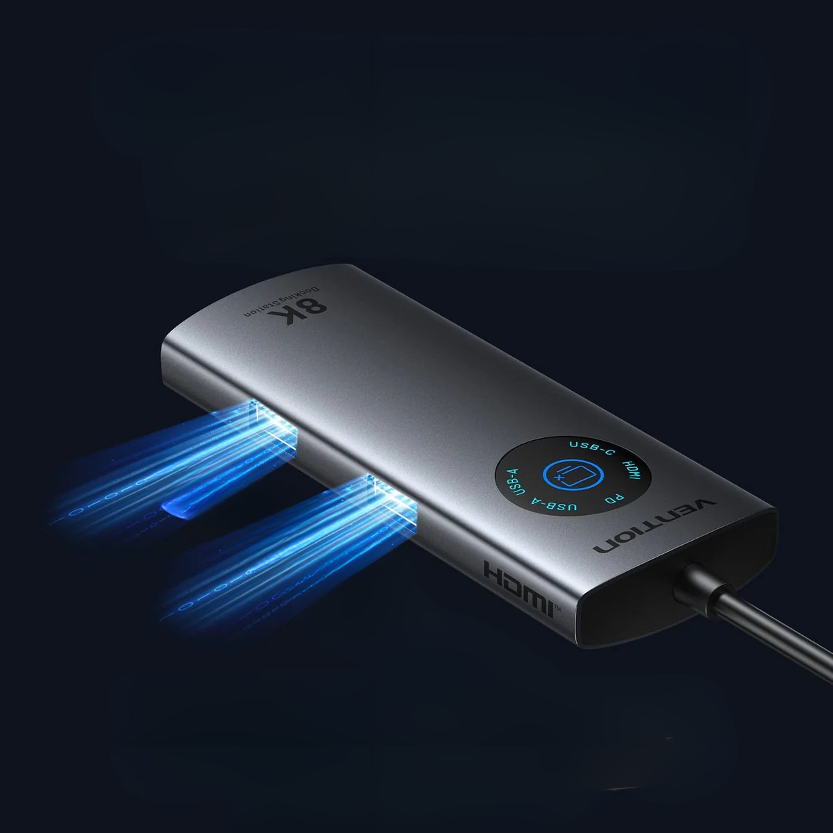 Stacja dokująca USB-C 6W1 Vention, 8K, 30Hz, 100W, PD, z wyświetlaczem led