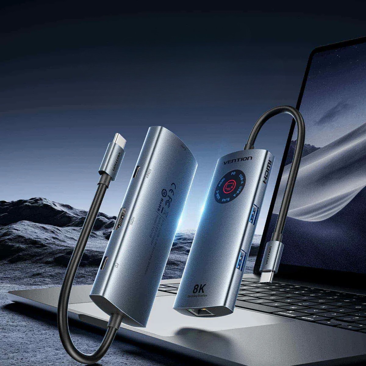 Stacja dokująca USB-C 6W1 Vention, 8K, 30Hz, 100W, PD, z wyświetlaczem led