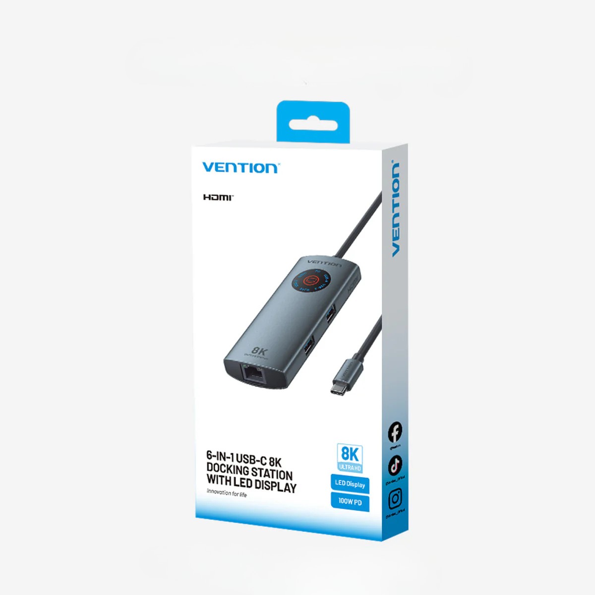 Stacja dokująca USB-C 6W1 Vention, 8K, 30Hz, 100W, PD, z wyświetlaczem led